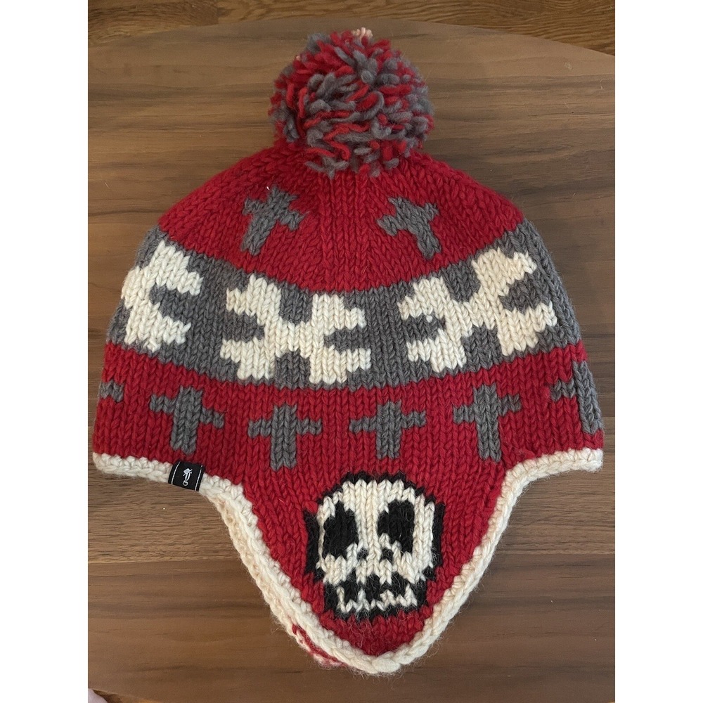 Red And Gray Wool Knit Skull Ear Flap Hat By Grace Hats‎ OS Beanie